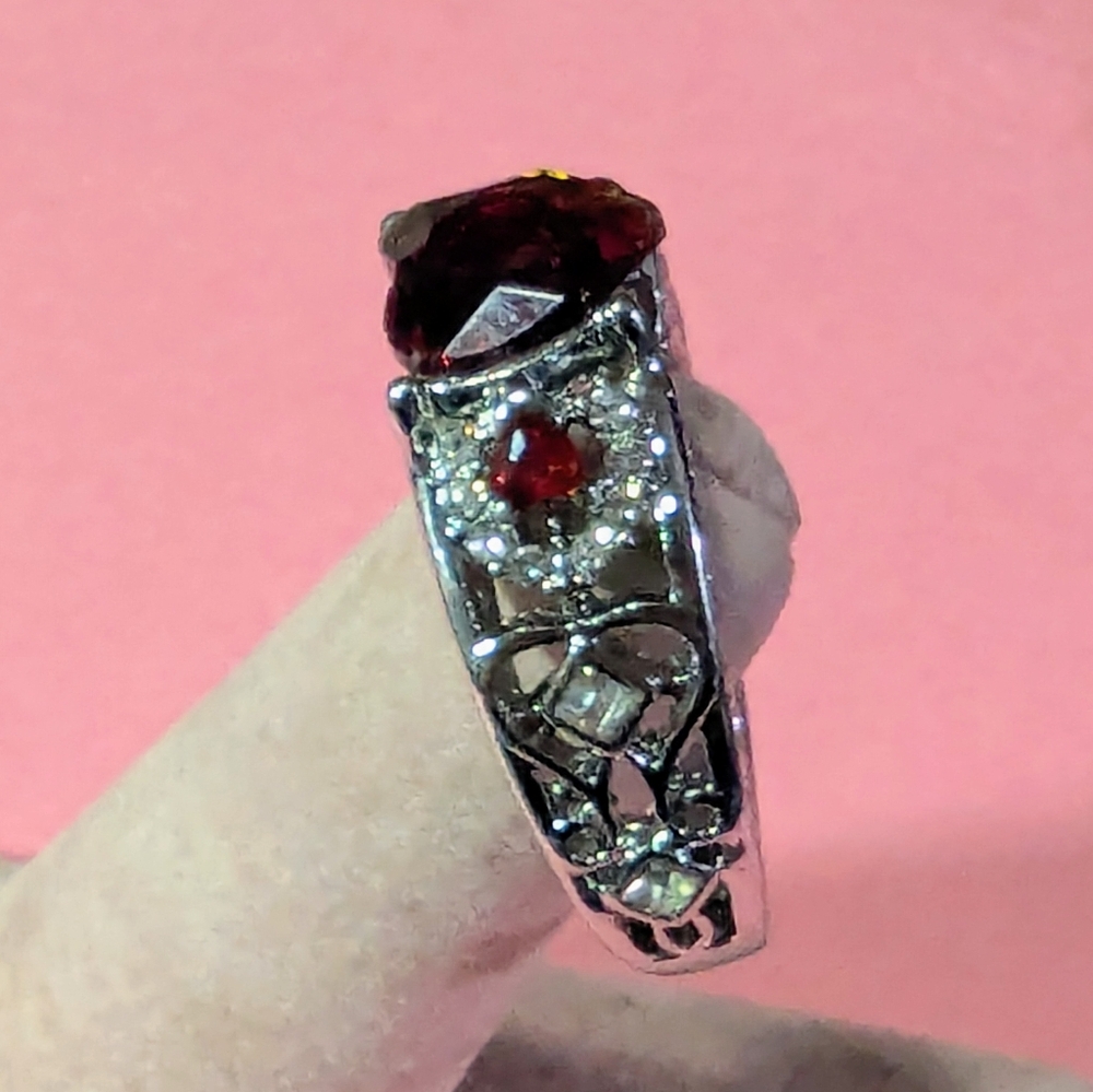 Red Heart Gemstone Ring Filigree Side & Clear CZ Side Stones Size 11 NWT